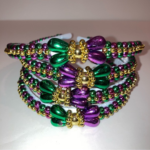 NEW Mardi Gras Beaded Bow Headband New Orleans Parade Coquette Hair Accessories - Picture 3 of 12